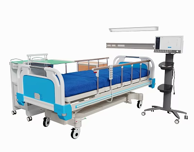 Medical Bed With Blue Mattress Side Rails Wheels And Medical Equipment Stand 3d model