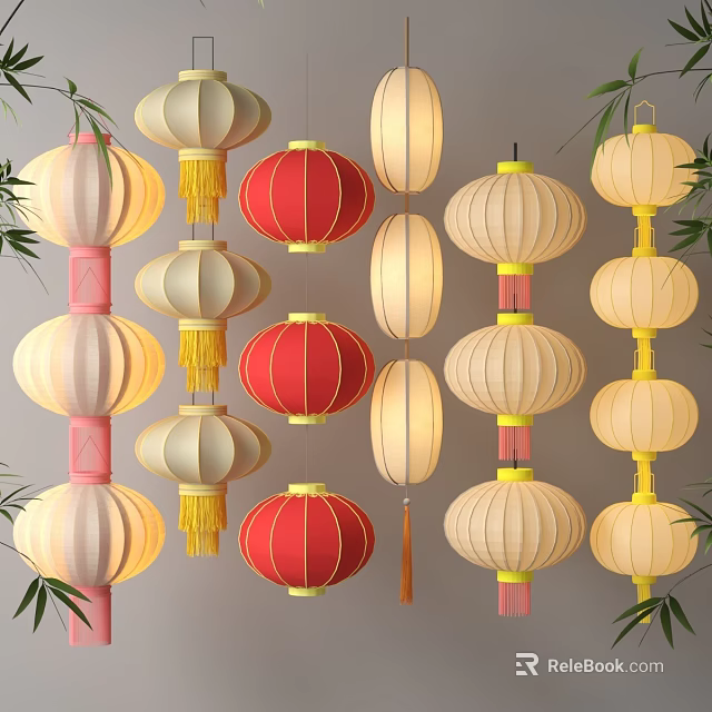 Traditional Red And Beige Lanterns With Tassels Hanging Decorative Ornaments 3d model 