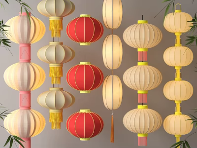 Traditional Red And Beige Lanterns With Tassels Hanging Decorative Ornaments 3d model