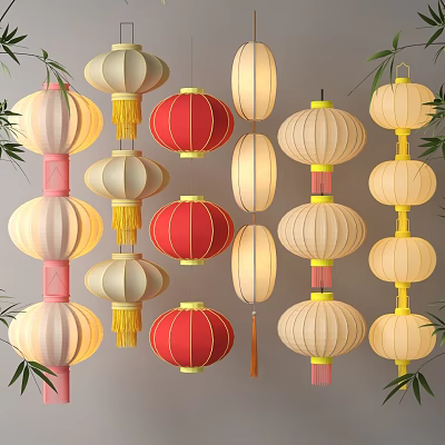 Traditional Red And Beige Lanterns With Tassels Hanging Decorative Ornaments 3d model