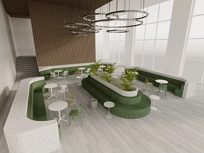 Modern Green Sofa Coffee Table Set With White Tables Plants And Large Windows 3d model