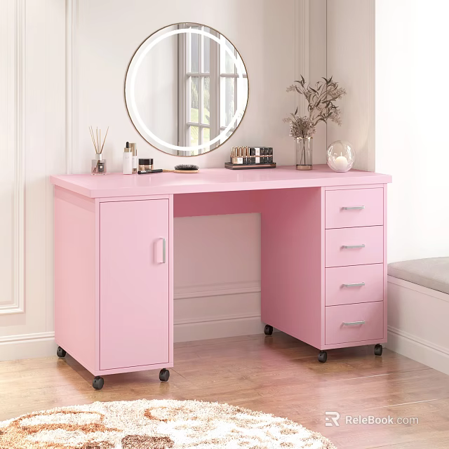 Pink Vanity Dressing Table With Round Mirror Cosmetics Decorative Drawers On Wheels 3d model