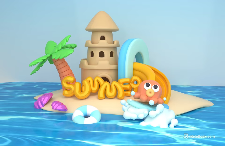 Summer Beach Scene With Sand Castle Palm Tree Slide And Octopus Toy 3d model 