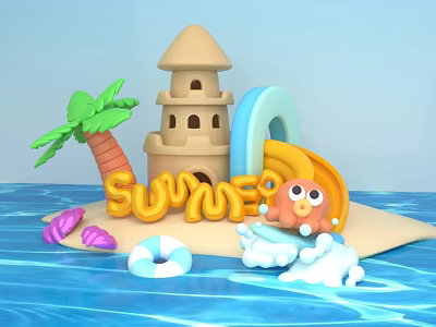 Summer Beach Scene With Sand Castle Palm Tree Slide And Octopus Toy 3d model
