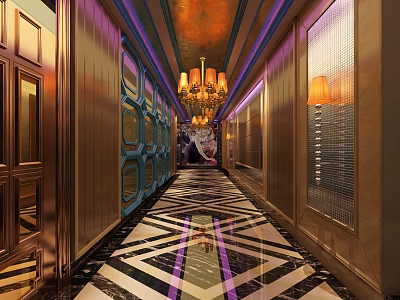 Luxury KTV Corridor Interior With Elegant Chandelier Lighting And Geometric Marble Floor Design 3d model