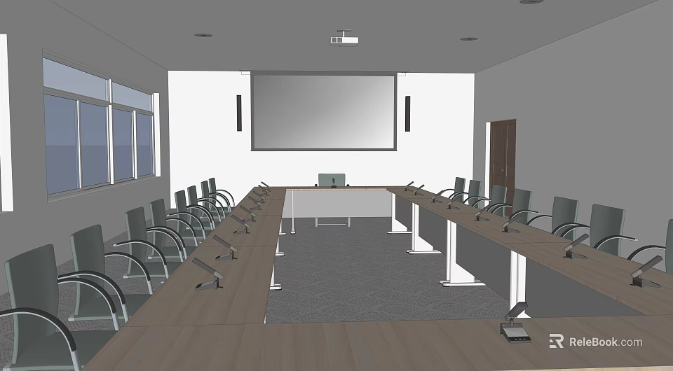 Modern Conference Room Interior With Long Table Multiple Chairs And Projection Screen 3d model