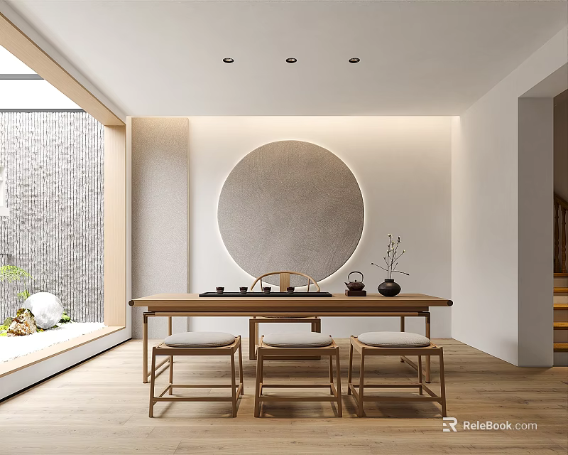 Minimalist Tea Room With Wooden Table Cushioned Stools And Circular Decor 3d model 