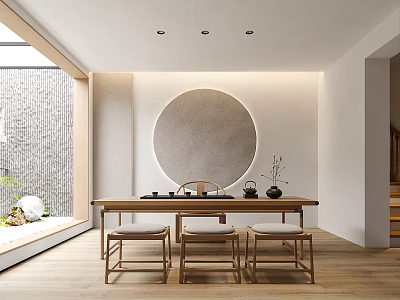 Minimalist Tea Room With Wooden Table Cushioned Stools And Circular Decor 3d model