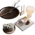 Decorative Ornament Set Featuring Wooden Tray Branches Candles Table Lamp Mugs Glass Cloche And Seashell