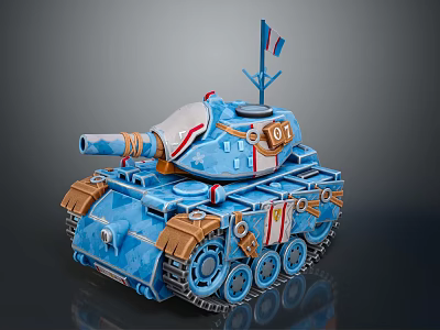 Blue Tank With Flag On Top Red White Stripes Number 01 And Brown Tracks 3d model