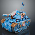 Blue Tank With Flag On Top Red White Stripes Number 01 And Brown Tracks