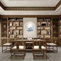 Chinese Style Store Interior With Wooden Bookshelves Tables Chairs Circular Decorative Painting And Large Windows
