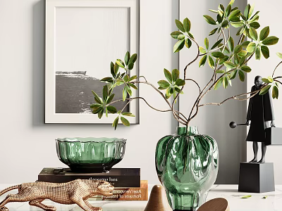 Elegant Decorative Ornament Set With Green Vase Bowl Branch Leaves Black Figurine And Wall Art 3d model
