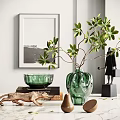Elegant Decorative Ornament Set With Green Vase Bowl Branch Leaves Black Figurine And Wall Art