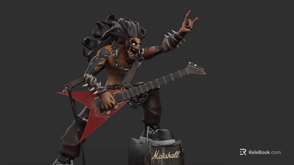Rock Inspired Game Movie Character With Long Hair Tattoos Red Electric Guitar And Marshall Amplifier 3d model 