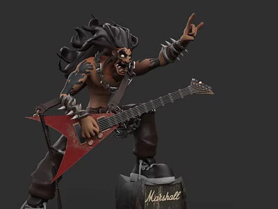 Rock Inspired Game Movie Character With Long Hair Tattoos Red Electric Guitar And Marshall Amplifier 3d model