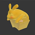 Yellow Cartoon Rabbit Character With Red Cheek Mark Lying On Brown Base With Pink Flower