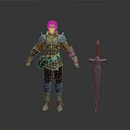 Woman in Detailed Fantasy Warrior Armor with Red Hilted Sword