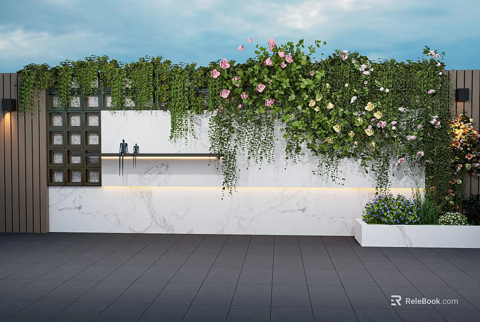 Living Green Plant Wall With Trailing Vines Colorful Flowers And Marble Backdrop Design 3d model 