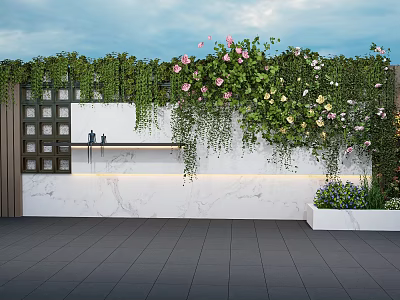 Living Green Plant Wall With Trailing Vines Colorful Flowers And Marble Backdrop Design 3d model