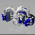 Automotive Parts Blue And White Mechanical Components With Multiple Circular Parts And Pipes