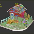 Cartoon Scene Red House With Blue Roof White Fence Lawn Flowers Bench And Stone Path