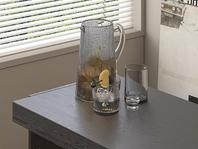 Clear Glass with Lemon Slice Ice and Empty Glass on Gray Table Near Window Blinds 3d model