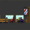 Barber Shop Interior Furniture Featuring Colorful Chairs Mirrors Workstations And Wooden Striped Sign