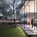 Modern Residential Landscape With High Rise Building Trees Lawn Glass Structure Pathway And Evening Lighting