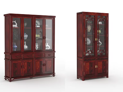 Classic Chinese Style Dark Wood Display Cabinet With Glass Doors And Decorative Items 3d model