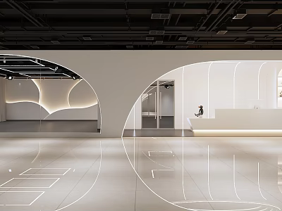 Modern Storefront Design With Arched Structure Lighting Effects And White Walls Floor Reflection 3d model