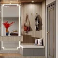 Modern Shoe Cabinet with Gray Doors Gold Handles Mirror Coat Hooks Vase Red Flowers Books Decorations