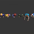 Animated Game Movie Characters With Six Different Hairstyles And Outfits On Black Background With Reflections