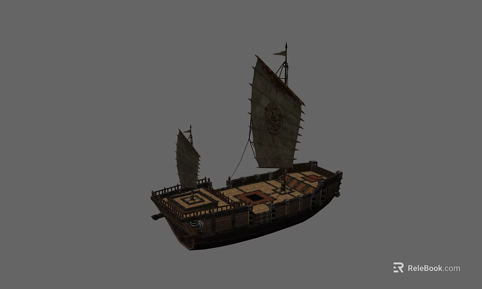 Traditional Wooden Ship With Two Sails And Decorative Wooden Deck Design 3d model 