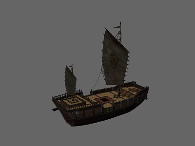Traditional Wooden Ship With Two Sails And Decorative Wooden Deck Design 3d model