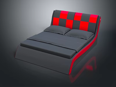 Gray and Red Bed Furniture with Checkerboard Pattern Headboard and Pillows 3d model