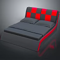 Gray and Red Bed Furniture with Checkerboard Pattern Headboard and Pillows