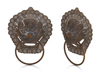 Antique Brass Door Handles With Traditional Carved Animal Head Ring Design 3d model
