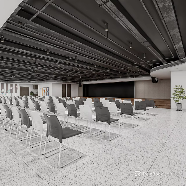 Modern Large Conference Room With Neatly Arranged Grey White Seats Blackboard And Green Plant 3d model 