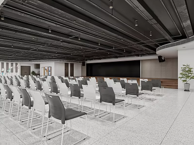 Modern Large Conference Room With Neatly Arranged Grey White Seats Blackboard And Green Plant 3d model