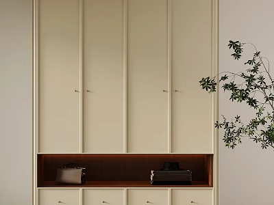 Minimalist Beige Wardrobe With Gold Handles Open Bottom Shelf Holding Bag Books And Green Plant 3d model