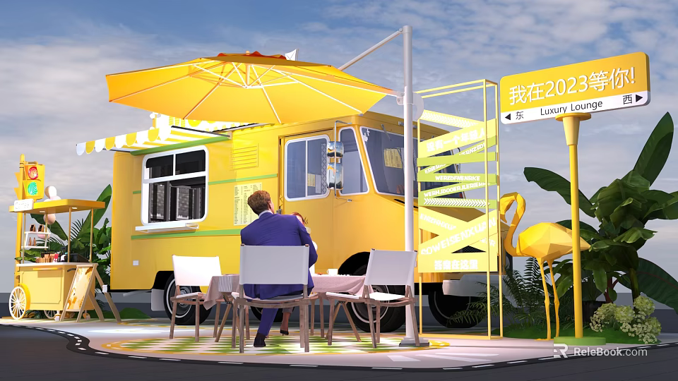 Yellow Food Truck With Outdoor Seating Umbrella Flamingo Decorations And 2023 Signage 3d model 