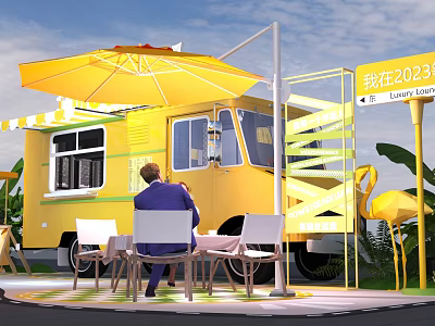 Yellow Food Truck With Outdoor Seating Umbrella Flamingo Decorations And 2023 Signage 3d model