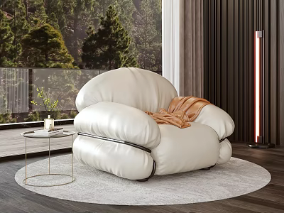 Cozy White Single Sofa With Orange Blanket On Round Rug By Large Window 3d model