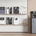 Stylish Modern Household Appliances On Shelves Featuring Coffee Maker Water Dispenser And Purifier