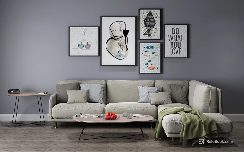 Modern Multi Person Sofa With Decorative Paintings Throw Pillows And Coffee Table 3d model