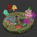 Miniature Natural Landscape With Log Cabin Orange Green Trees Wooden Bridge And Grass