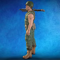 Realistic Military Character In Green Uniform With Tactical Vest Holding Rifle Against Blue Background