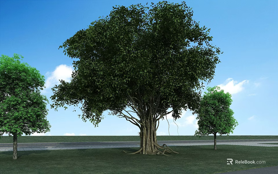 Arbor With Lush Foliage Thick Trunk Exposed Roots Green Grass Small Trees And Blue Sky 3d model 
