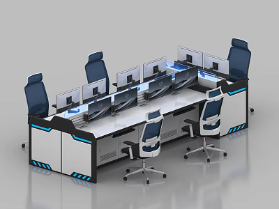 Modern Monitoring Room With Multiple Monitors Console Desk And Ergonomic Chairs 3d model